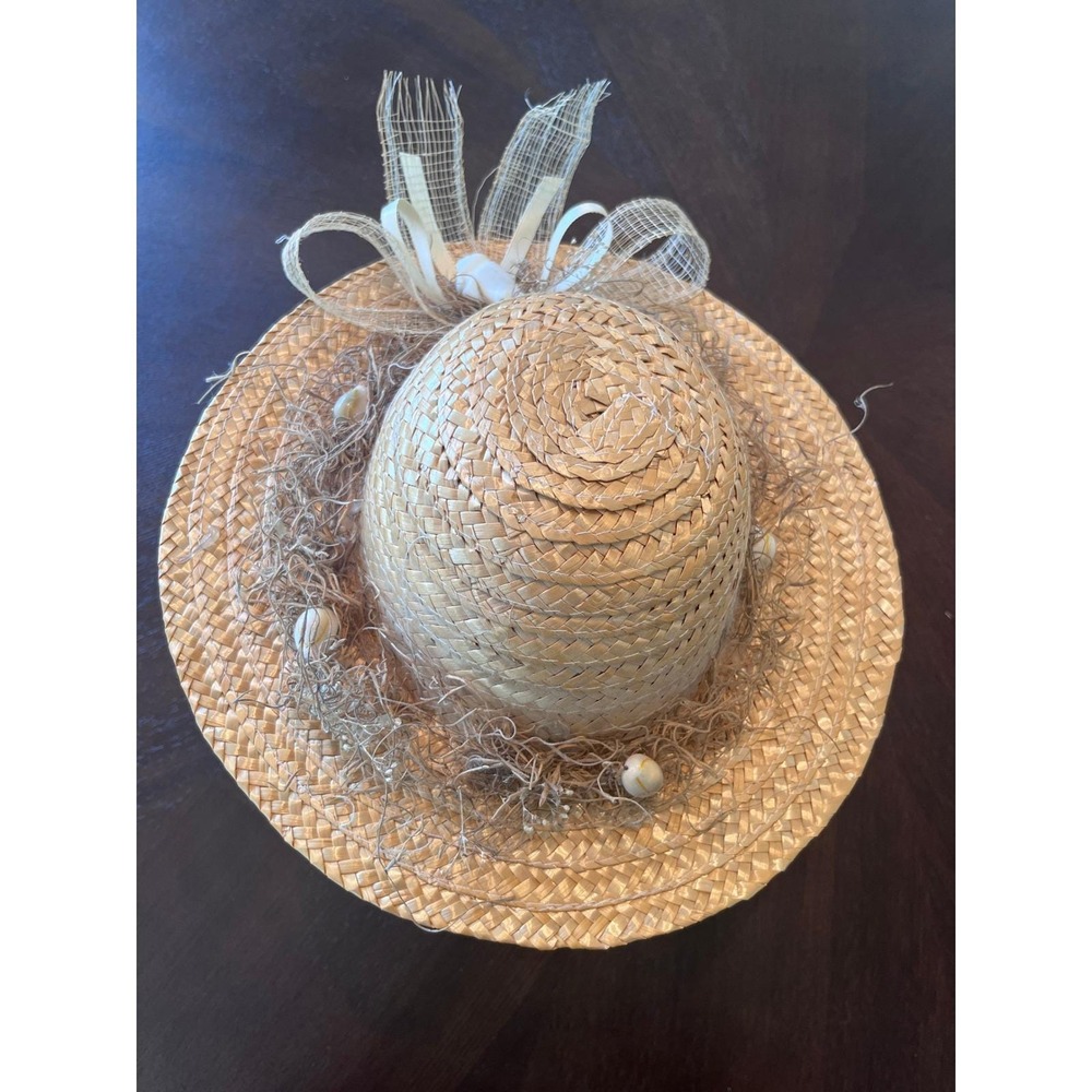 Vintage Straw Sun Hat Womens OS Tan Excellent Seashell Spanish Moss Bow Bonnet